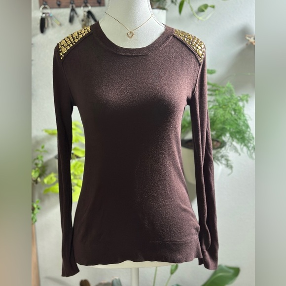 Michael Kors Brown Knit Top with Gold Studs - Picture 1 of 5